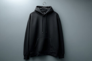 Black hoodie hanging on metal hanger against plain blue wall