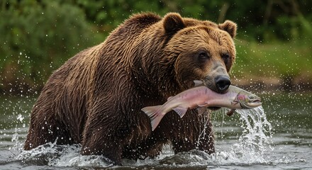 Obraz premium Grizzly Bear Fishing: A majestic grizzly bear emerges from a river, proudly displaying its freshly caught salmon. Water splashes around it, creating a dynamic and powerful scene.