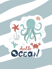 Colorful vector illustration with cheerful octopus, friendly crab and bright sea creatures in an ocean setting. Perfect for kids decor and educational materials.