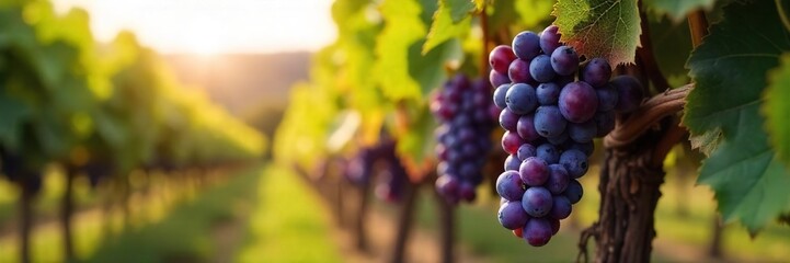 Sunlight streams through leaves onto rows of ripe, purple grapes hanging heavy on the vine, ready for harvest Autumnal colors abound in this idyllic vineyard scene , natural, green, purple