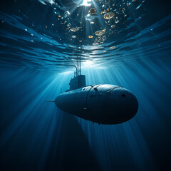 A submarine navigates the tranquil, deep blue ocean under the sunlight filtering through the water, creating a serene yet mysterious atmosphere.