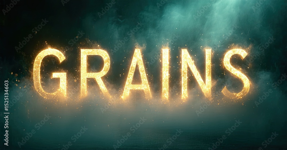 Poster golden text spelling grains glows against dark teal background. particles create dramatic, sparkling