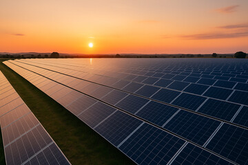 Sunset bathes a vast solar farm, showcasing renewable energy's serene beauty.