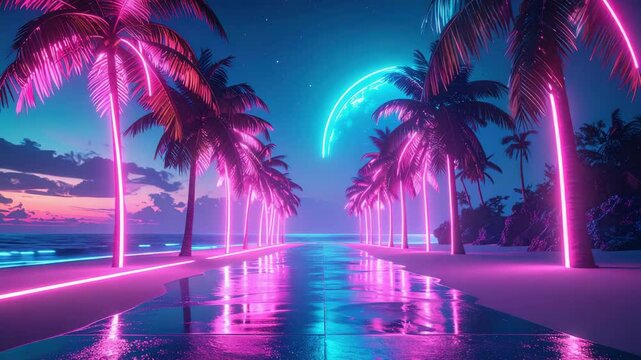 Pink neon lights illuminate palm trees lining a wet pavement leading to a crescent moon at sunset.
