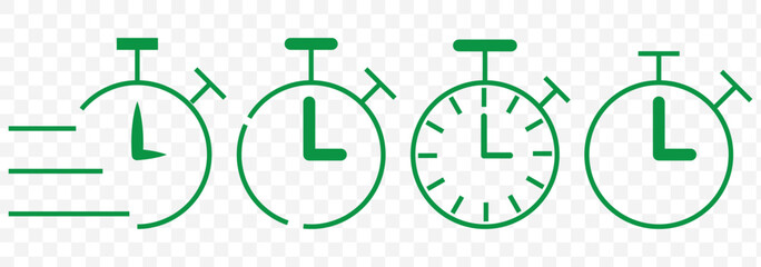 Stopwatch icons set. Timer symbol. Outline stopwatch icon. Alarm pictogram. Timer icons set. Quick time or deadline icon. Express service symbol. Countdown  stopwatch icons isolated on Transparent BG.