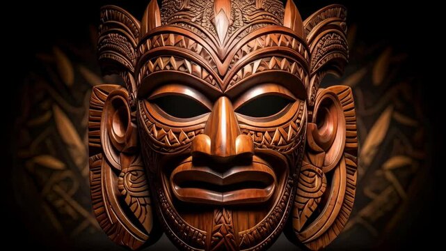Ornate wooden mask sculpture with intricate carvings and cultural significance on a dark background, evoking mystery and tradition.