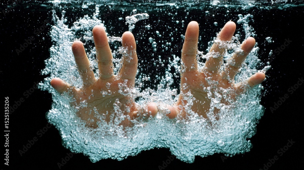 Poster hands emerging from water with splashes and bubbles creating a dynamic scene