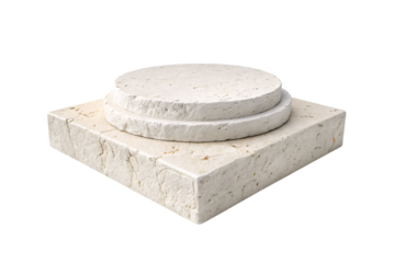 Layered stone platform with square base and two circular levels creating stepped architectural element, isolated on a transparent background