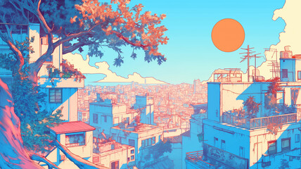 ポップカラーで描かれた都会の街並みと大きな太陽が印象的なレトロ風イラスト素材｜ノスタルジック｜シティポップ｜1980年代テイスト｜空とビル群の対比が美しい背景