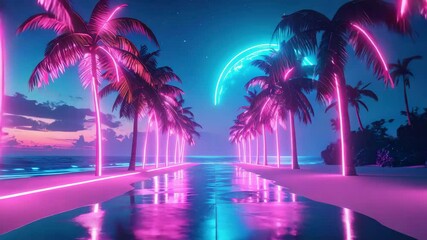 Pink neon lights illuminate palm trees lining a wet pavement leading to a crescent moon at sunset. - Powered by Adobe
