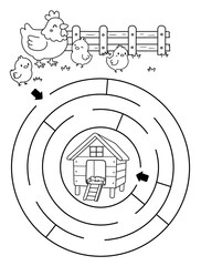 Maze activity sheet for children. Cute maze for kids. Kids labyrinth puzzle. Maze puzzle game for children with cute chicken illustration.	