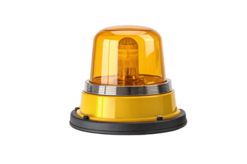 Amber rotating beacon light with transparent dome housing protective yellow bulb for emergency vehicle warning systems, isolated on a transparent background