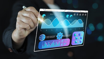 Business finance data analytics graph.Financial management technology.Advisor using KPI Dashboard on virtual screen.Digital charts graphs increase business performance, sales statistic