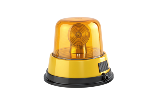 Yellow beacon light with amber dome lens housing spinning bulb mechanism for construction vehicle safety signaling, isolated on a transparent background