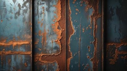 Close up of a weathered metal surface with peeling paint and rust creating a textured background