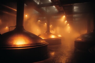 Interior view of distillery equipment with copper kettles and misty atmosphere