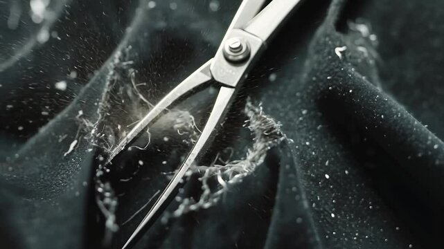 Close-up of metal shears on dark fabric with frayed edges