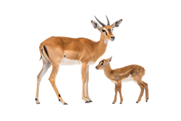 Adult impala with curved horns standing beside spotted young fawn, African wildlife mother and baby duo, isolated on a transparent background