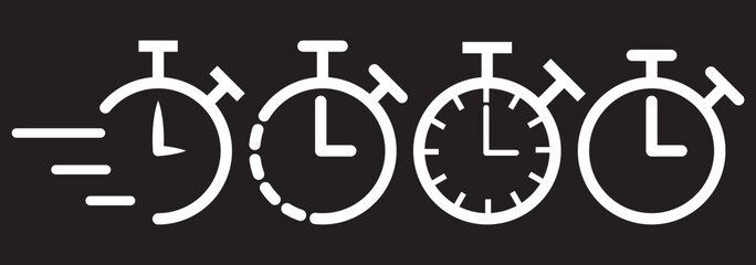 Set of timer, clock flat icon, and time management. Vector. Isolated on Dark Background. EPS 10.