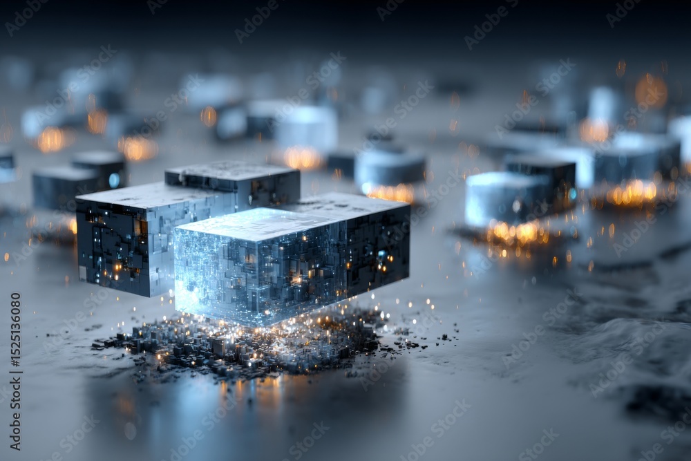 Poster abstract cubes floating above metallic surface with particles