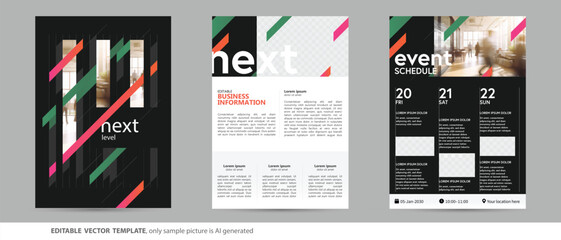 business finance technology event schedule template. editable calendar agenda time table program visual background layout. editable vector illustration with copy space