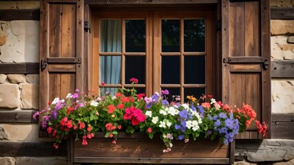 Wooden window with open shutters adorned with a flower box of colorful vibrant flowers on a stone and wood paneled wall exterior. - Powered by Adobe