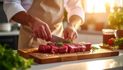 Chef slicing meat in kitchen.