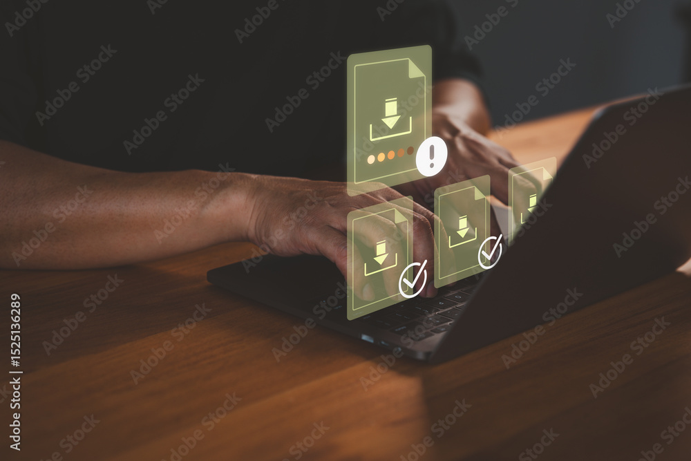 Poster Person using a laptop computer with multiple digital download icons, representing data transfer, cloud storage, file management, digital technology and progress notification system.