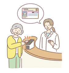 病院でマイナンバーカードを読取り機にかざす高齢者（おばあさん）