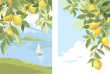 Backgrounds with lemon branches and sea. Hand drawn vector illustration in watercolor style, poster or label with citrus and Mediterranean landscape.