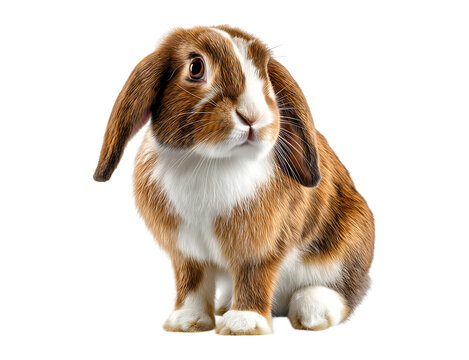 brown and white lop-eared rabbit on transparent background