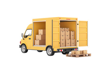 Yellow delivery truck with multiple doors open showing organized cardboard packages in cargo compartment interior, isolated on a transparent background