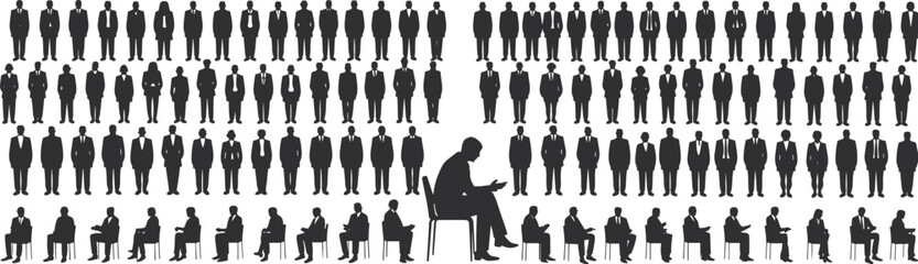 Businessman silhouette collection, standing and seated reading figures, corporate vector set, professional person icons, isolated design elements for marketing presentations
