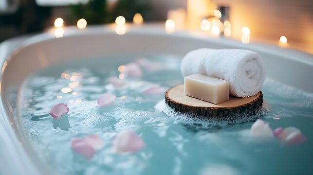 Luxurious spa experience in a warm bath with rose petals and glowing candles