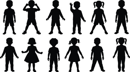 Silhouettes of standing kids, boys and girls in casual poses, ideal for school, education, poster, infographic, and vector projects