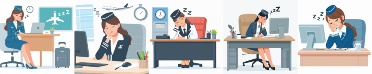 vector flight attendant sleeping at work desk