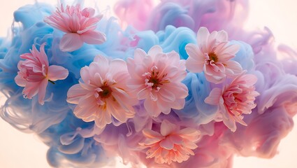 Pastel Pink Flowers and Blue Ink Swirls A Dreamy Abstract Floral Photography Composition, Perfect for Spring or Summer Designs
