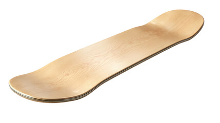 Skateboard Deck Detail: A close-up shot of a brand new, natural wood skateboard deck isolated against a neutral backdrop, showing its smooth surface and curved form ready for customization and action.