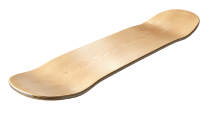 Skateboard Deck Detail: A close-up shot of a brand new, natural wood skateboard deck isolated against a neutral backdrop, showing its smooth surface and curved form ready for customization and action.