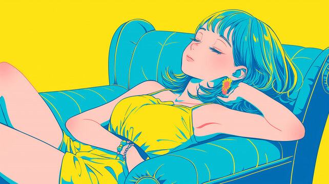ソファに横たわる女性と観葉植物のある暮らし｜レトロカラーと柔らかな線が印象的な日常の一コマ｜80年代風のムード漂うシティポップ調イラスト素材