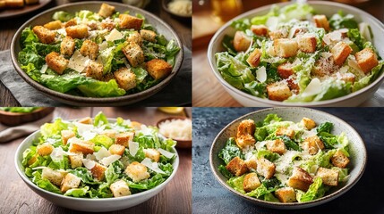 Four variations of Caesar salad are shown, each in a shallow bowl on different surfaces; featuring romaine lettuce, croutons, and parmesan cheese
