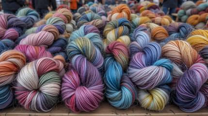Colorful, hand dyed wool yarn for sale at a local farmers market in Seattle, WA