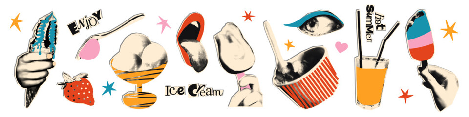 Fototapeta premium Ice cream halftone art collage cut outs set. Paper clipping shapes, summer dessert stickers with vintage dot texture and doodles. Modern retro grunge vector illustration for mixed media design