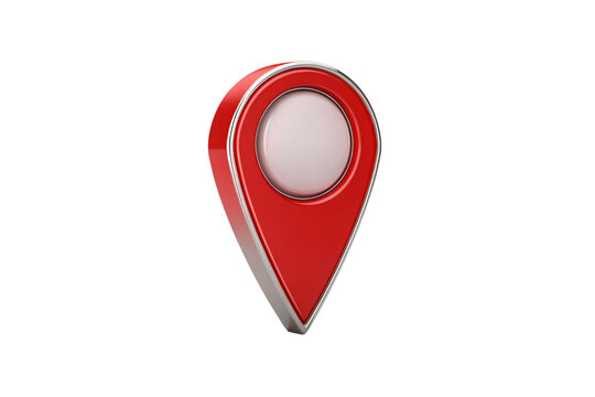 Red map pin icon with silver trim and white center, isolated on a transparent background