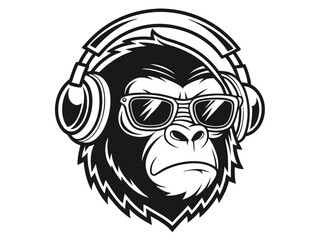 Fototapeta premium Cool Gorilla Head with Headphones and Sunglasses in Black and White