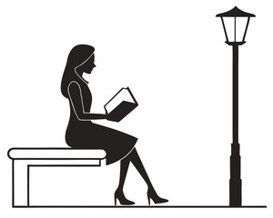 Silhouette of woman reading a book on a bench under a lamppost