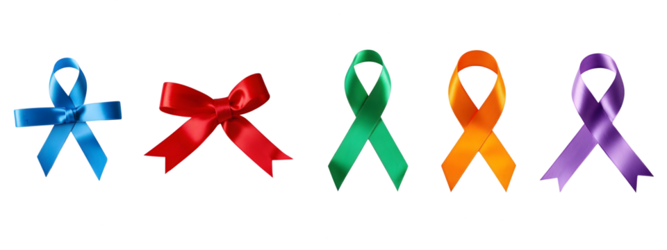Colorful awareness ribbons and bow isolated on transparent background