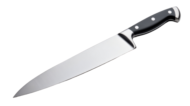 Chef Knife: The image showcases a chef knife on a clean setting, The shiny steel blade gleams, with a sharp edge and a dark handle ready for action in the kitchen.
