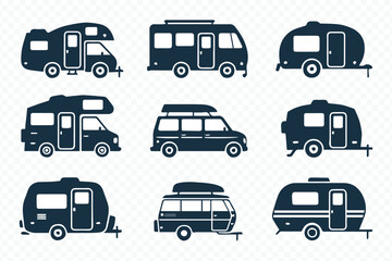 RV Camper Van Motorhome Icons Collection Vector
