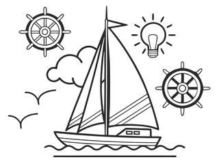 Sailboat at Sea with Ships Wheels Birds Cloud and Lightbulb